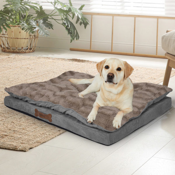Pawz Orthopedic Memory Foam Pet Bed With Plush Topper Lifestyle Khaki View